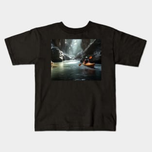 Adventurous Scene Of A Kayak Navigating Through A Narrow River Canyon Kids T-Shirt